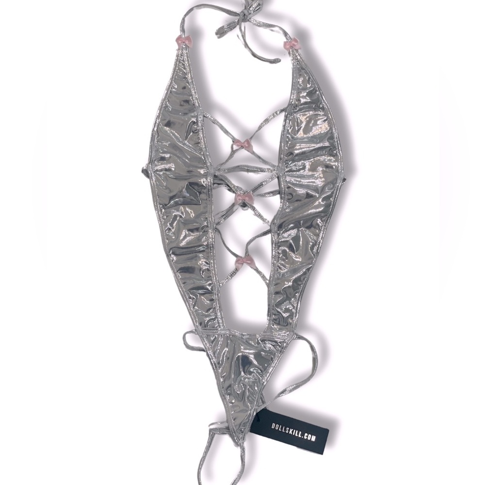 metallic festival bodysuit with pink bows